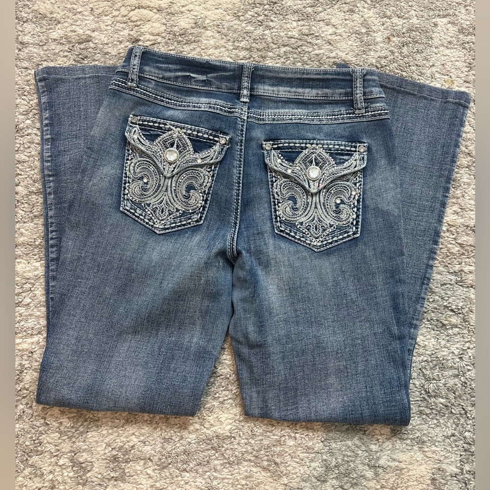 EST.1946 Blue Wide Leg Jeans with Rhinestones embroidered  Contemporary/western